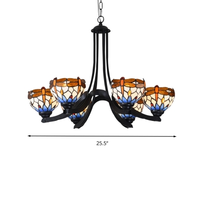 Dragonfly Chandelier Lighting 6 Heads Stained Art Glass Tiffany-Style Hanging Pendant Light in Black