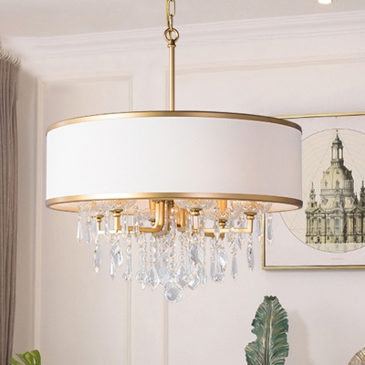 Droplet Chandelier Lamp Contemporary Crystal 6 Heads Brass Hanging Light Fixture with White Drum Fabric Shade