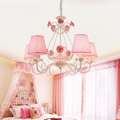 Fabric Pink/White Hanging Chandelier Tapered 5 Lights Traditional Down Lighting Pendant for Bedroom