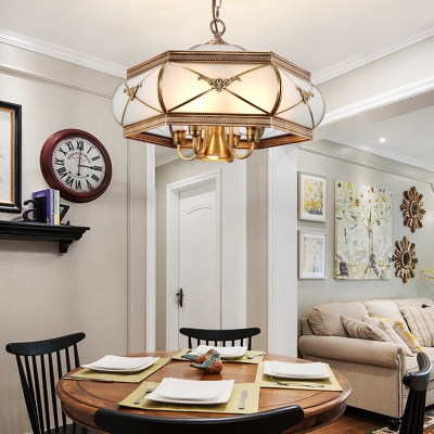 Frosted Glass Brass Chandelier Hexagon 5 Lights Colonialism Down Lighting Pendant for Dining Room