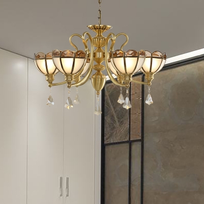 Gold 6 Bulbs Hanging Chandelier Colonialist Frosted Glass Hemisphere Ceiling Pendant Light with Triangle Crystal Drop