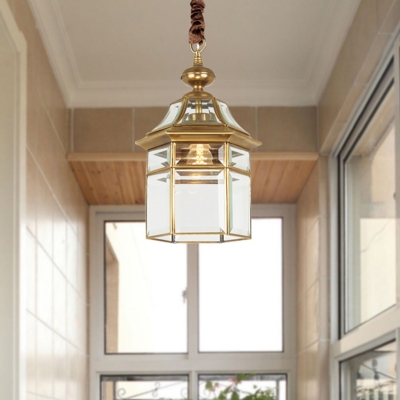 Gold Single Head Pendant Light Traditional Clear Glass Lantern Suspended Lighting Fixture for Yard