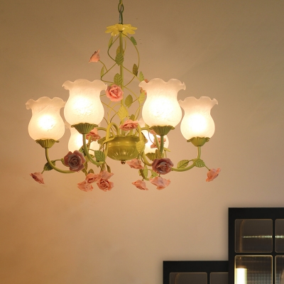 Green 6 Heads Chandelier Lighting Traditionalism Opal Glass Blossom Pendant Ceiling Light for Living Room