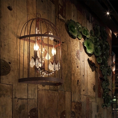 Industrial Birdcage Wall Mount Lamp 2 Lights Metal Wall Sconce Lighting in Rust with Dangling Crystal