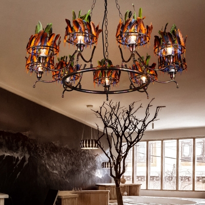 Iron Circular Chandelier Lamp Indian Style 9-Head Copper Finish Suspension Pendant with Feather Headwear Element