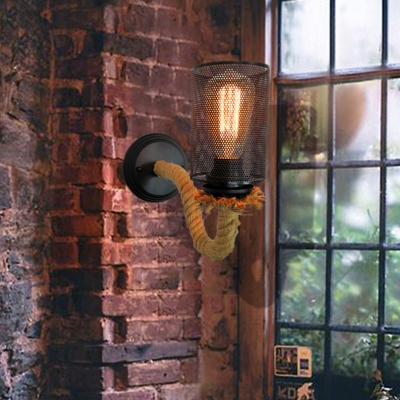 Metal Black Sconce Cylinder 1 Light Industrial Style Wall Mounted Light Fixture with Rope Arm