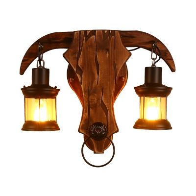 Metal Lantern Shade Wall Sconce Lamp Lodge Style 2 Heads Brown Wall Hanging Light with Bull Shape Backplate