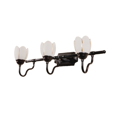 Milk Glass Petal Vanity Lamp Modern Style 2/3 Lights Wall Sconce Lighting with Curved Arm in Black