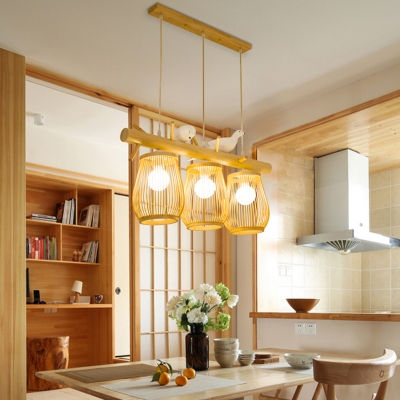 Modern Barrel Island Light Bamboo 2/3 Lights Dining Room Pendant Lighting Fixture in Beige