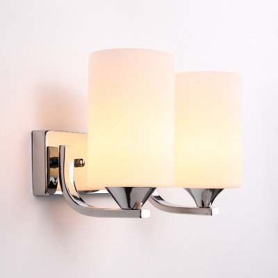 Modernist 2 Bulbs Wall Lighting Chrome Cylinder Sconce Light Fixture with Opal Glass Shade