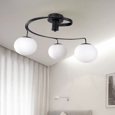 Modernist 3 Heads Semi Flush Light Black Ball Ceiling Mounted Fixture with Milk Glass Shade
