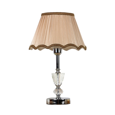 Retro Scalloped Table Lamp 1 Head Clear Crystal Nightstand Light in Beige with Fabric Pleated Shade