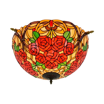 Stained Glass Floral Ceiling Fixture Victorian 5 Lights Brass Flush Mount Light for Bedroom