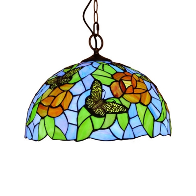 Stained Glass Red/White Pendant Lighting Flower 1 Light Tiffany Style Hanging Light Fixture