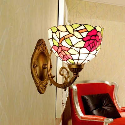 Stained Glass Rose Red Wall Lighting Blossom 1 Light Mediterranean Sconce Light Fixture for Living Room