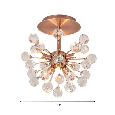 Starburst Cut Crystal Semi-Flush Mount Modernist 6 Bulbs Brass Close to Ceiling Lamp