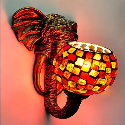 Tiffany Elephant Head Sconce Light 1 Light Stained Glass Wall Lighting Idea in Blue/Red/Yellow for Dining Room
