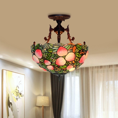 Victorian Bowl Semi Flush Lighting 3 Lights Pink/Green Stained Art Glass Ceiling Fixture in Bronze for Bedroom
