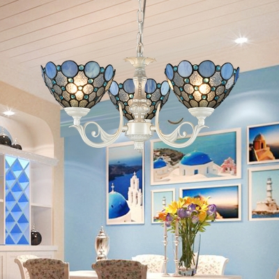 White Beaded Chandelier Light Fixture Baroque 3/5 Lights Stained Glass Pendant Lighting for Living Room