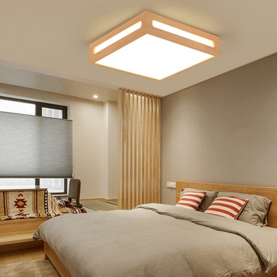 Wood Square Flush Mount Fixture Minimalist LED Beige Flush Ceiling Light in Warm/White Light