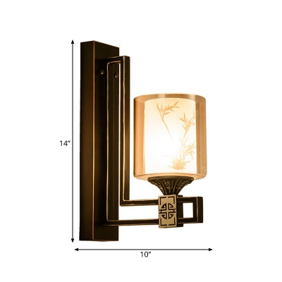 1 Bulb Cylindrical Wall Sconce Chinese Black Metal Wall Light Fixture with Amber Glass Shade for Bedroom