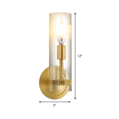 1 Head Bedroom Wall Lamp Modern Brass Sconce Light Fixture with Cylinder Clear Glass Shade