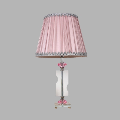 1 Head Geometric Table Lamp Traditional Clear Beveled Crystal Nightstand Light with Pink Fabric Shade