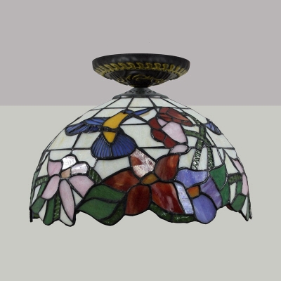 1 Light Flower Ceiling Lighting Victorian Green/Orange/Pink Stained Glass Flush Mount Light Fixture