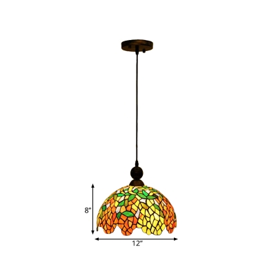 1 Light Living Room Pendant Light Tiffany Red Suspension Lighting Fixture with Dome Cut Glass Shade