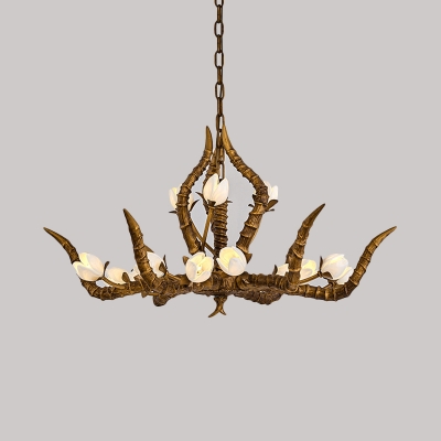 15 Bulbs Branch Pendant Chandelier Tradition Gold Resin Hanging Light Fixture with White Flower