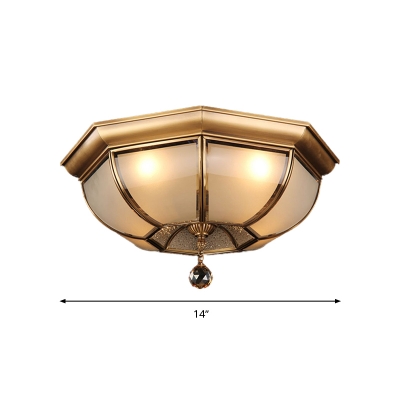3/4 Bulbs Dome Ceiling Mount Traditional Brass Mouth Blown Opal Glass Flush Light Fixture for Living Room, 14
