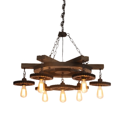 3/7 Lights Exposed Bulb Suspension Chandelier Pendant Light Rust Metal Ceiling Lamp for Kitchen with Gear Deco