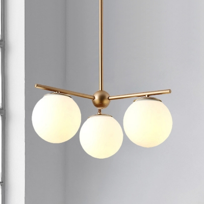 3 Heads Spherical Ceiling Chandelier Modernist Milky Glass Hanging Pendant Light in Gold