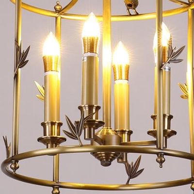 4 Bulbs Cylinder Ceiling Chandelier Traditional Metal Hanging Pendant Light in Brass with Bird