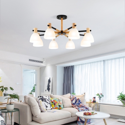 6/8-Bulb Living Room Chandelier Pendant Light Nordic Style Black/White Finish Hanging Light Kit with Dome Opal Glass Shade
