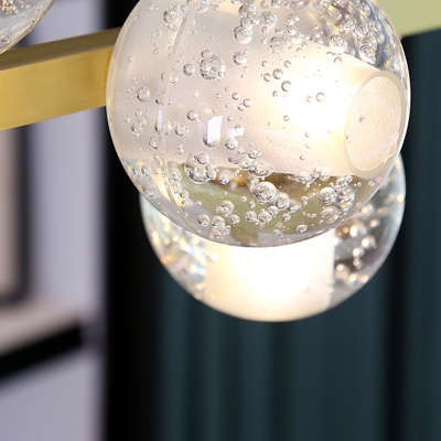 7 Heads Seeded Crystal Island Light Fixture Postmodern Gold Globe Dining Room Hanging Lamp Kit