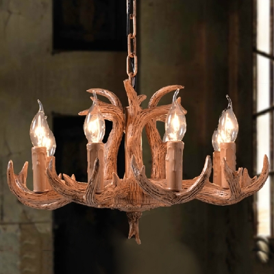 8 Lights Exposed Chandelier Light Fixture Traditional Style Wood Resin Hanging Lamp with Antlers Design