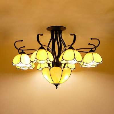 9 Heads Scalloped Ceiling Mounted Light Tiffany Blue/Yellow/Gray Seeded Glass Semi Flush Light
