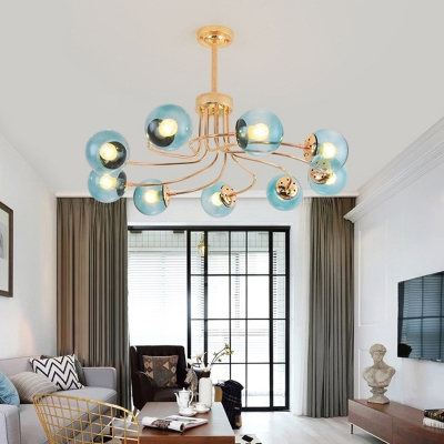 9 Lights Living Room Chandelier Lamp Contemporary Black/Gold Hanging Ceiling Light with Sphere Blue/Amber Glass Shade
