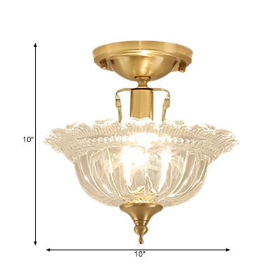 Amber/Clear Glass Semi Flush Light Modern Bowl Semi Flush Mount Ceiling Light in Brass for Corridor