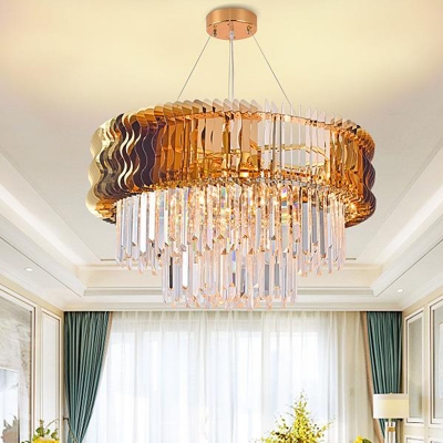 Amber Layered Chandelier Lamp Contemporary 8 Bulbs Cut Crystal Ceiling Pendant Light