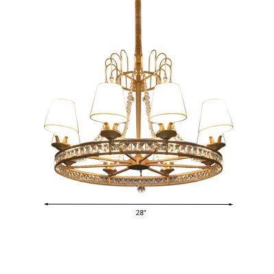 Antique Brass Wheel Chandelier Light Modernism 6 Heads Beveled Glass Crystal Pendant Lighting with Cone Fabric Shade