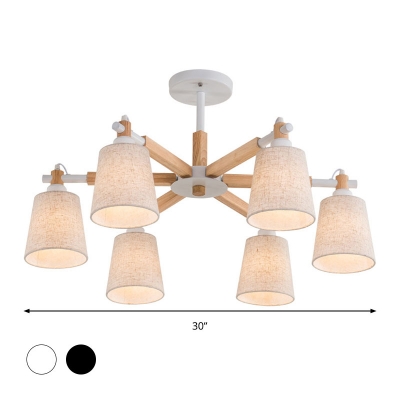 Barrel Living Room Chandelier Light Fixture Fabric 6 Lights Modern Style Hanging Lamp Kit in Black/White with Wood Frame