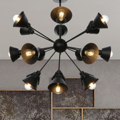 Black Starburst Chandelier Lighting Industrial Stylish 9/12/15 Lights Metal Ceiling Light Fixture with Cone Shade