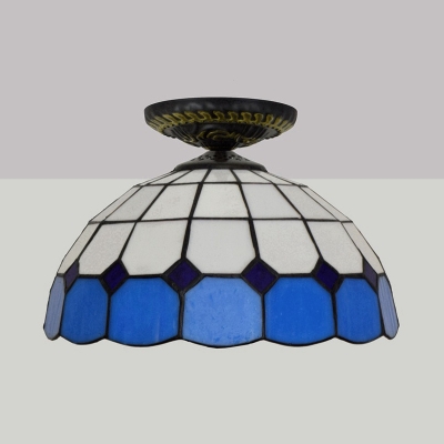 Bowl Ceiling Flush Tiffany-Style Stained Art Glass 1 Head Green/Orange/Blue Flush Mount Lighting Fixture