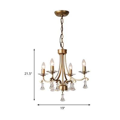 Brass Candle Pendant Chandlier Modernist 6 Heads Metal Hanging Light Fixture with Clear Crystal Drop