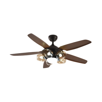 Brown Dome Ceiling Fan Lamp Traditional Amber Glass 5 Lights Restaurant Semi Mount Lighting, Wall/Remote Control