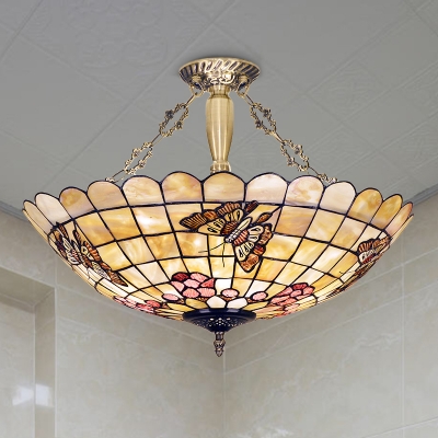 Butterfly Semi Flush Light 4 Lights Shell Tiffany Style Ceiling Lamp in Brass for Bedroom