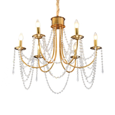 Candelabra Crystal Strand Ceiling Lamp Postmodern 6 Heads Living Room Chandelier Pendant Light in Gold