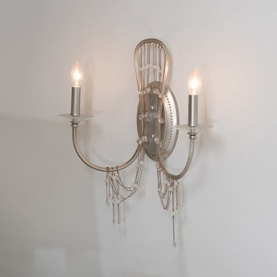 Candle Bedroom Wall Sconce Light Vintage Metal 2 Heads Nickle Wall Lighting Fixture with Crystal Accent